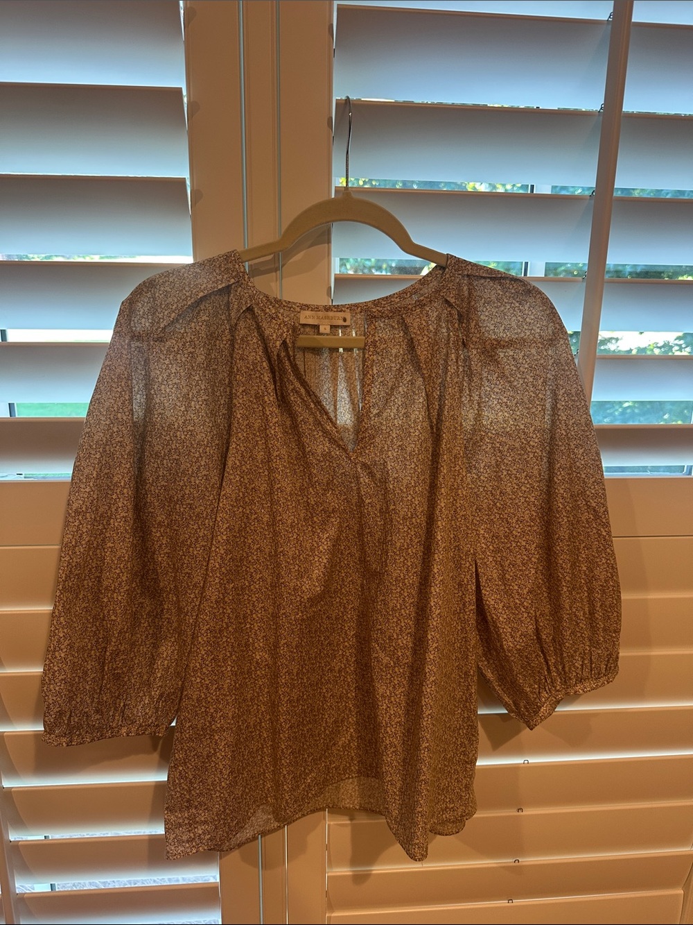 ANN MASHBURN Sheer Brown Micro-Print Peasant Blouse